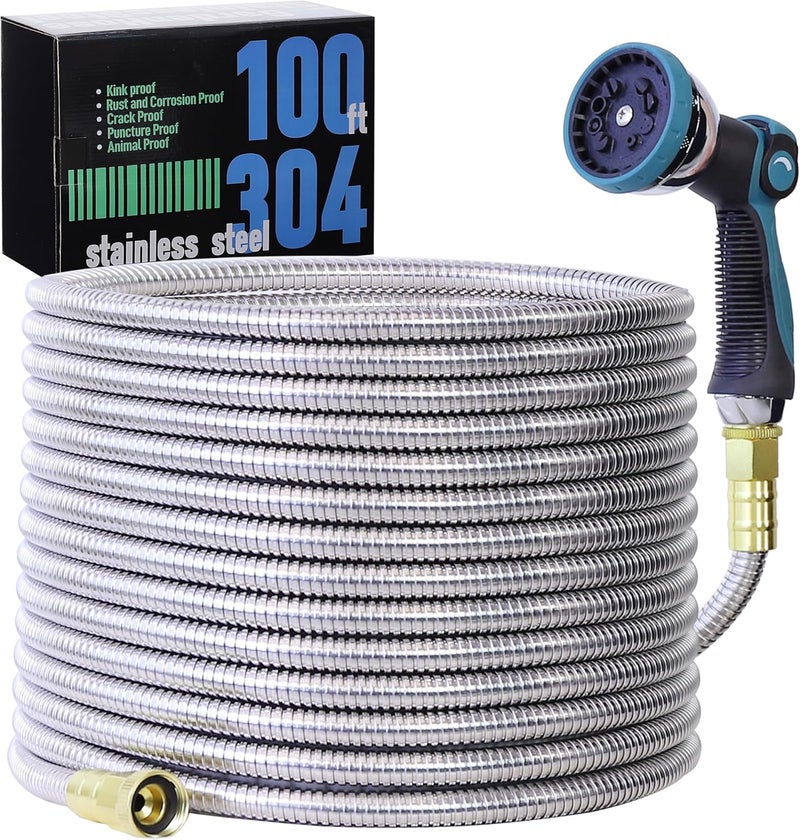 Numwot 100FT Garden Hose, 304 Stainless Steel Water Hose, Flexible with a 10-Mode Nozzle Sprayer, No Kink, Lightweight, Puncture Proof, Ideal for Yard, Lawn, Outdoor - Image 1